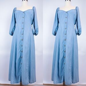 Zara The Romance Puff Sleeve Dress Chambray Blue Denim Size Large